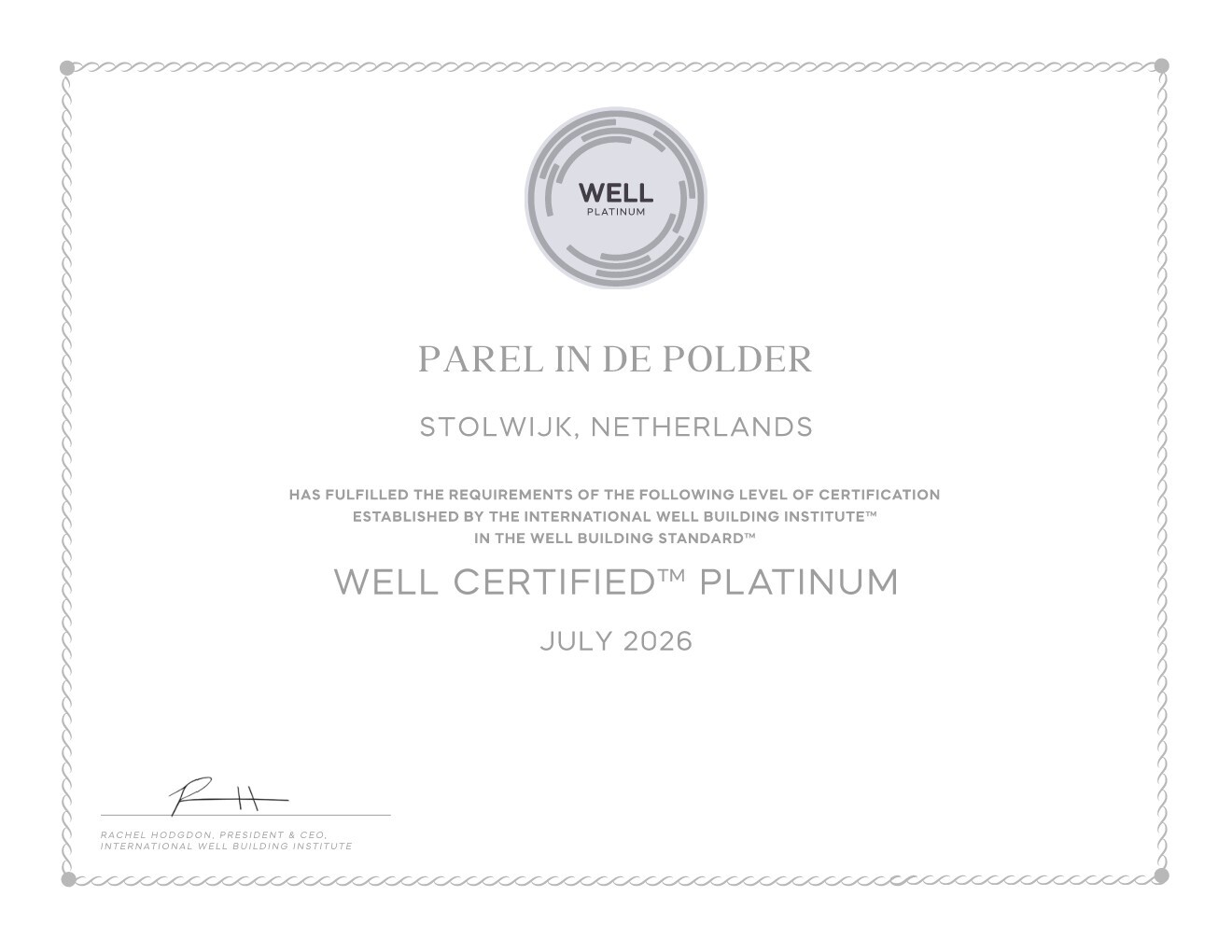 Certificaat WELL Platinum Parel in de Polder